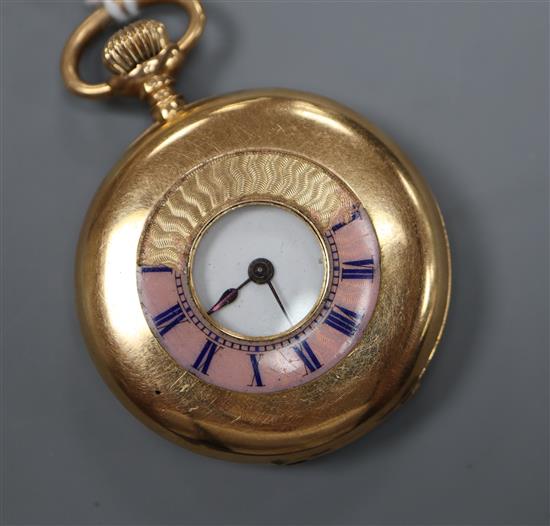 An 18k yellow metal half-hunter ladys pocket watch (enamel to dial a.f.)